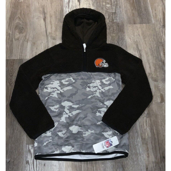 NFL Team Apparel Boys Brown Camo 1/4 Zip CLEVELAND BROWNS Hoodie Size L (12/14) - Picture 1 of 3